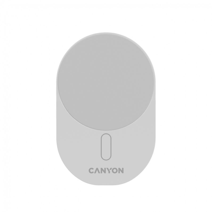 Biała, okrągła ładowarka samochodowa z logo \'CANYON\' na dole. Posiada prostokątny element na froncie.