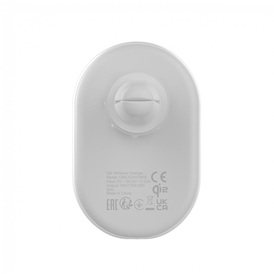 Biała ładowarka bezprzewodowa z widocznymi oznaczeniami: \'Qi2 Wireless Charger Model: CNS-CCH105W Input: 5V-3A, 9V-2.22A Output: 5W/7.5W/15W Made in China\' oraz symbolami certyfikacji CE, EAC, UKCA.