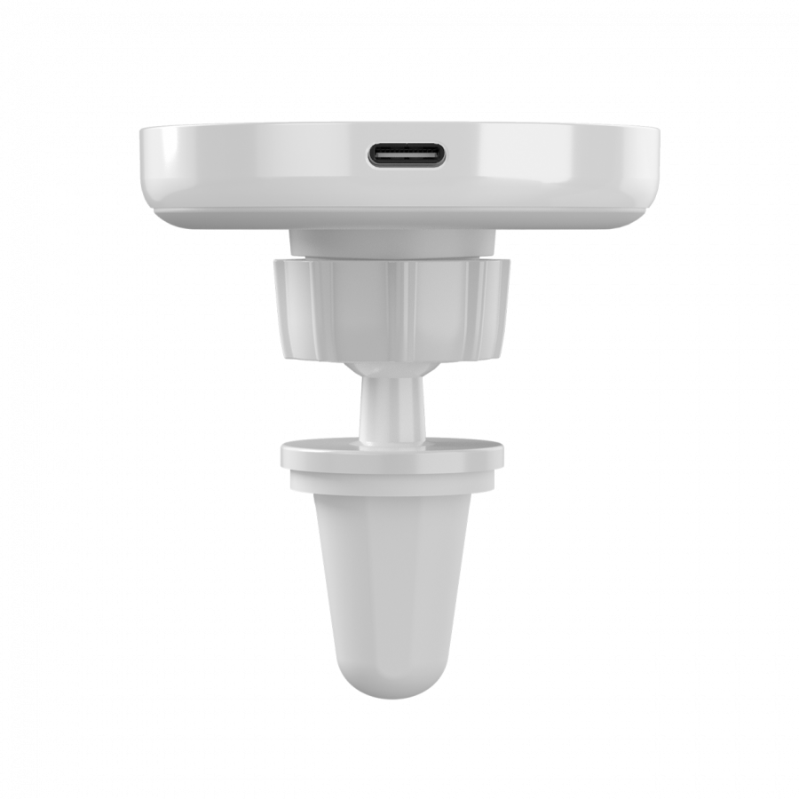 Biała ładowarka samochodowa z magnetycznym uchwytem i portem USB-C na górze. Produkt ma cylindryczny kształt z elementem mocującym na dole.