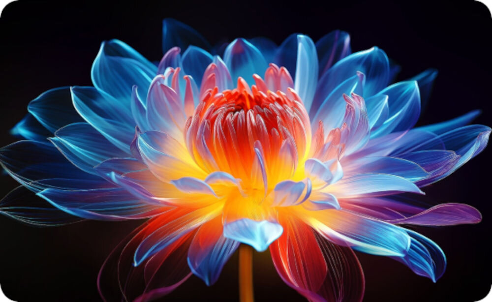 Telewizor LG 100QNED86A6A - Kontrast obrazu, niebieskie kwiat na czarnym tle, MiniLED, wygaszanie lokalne