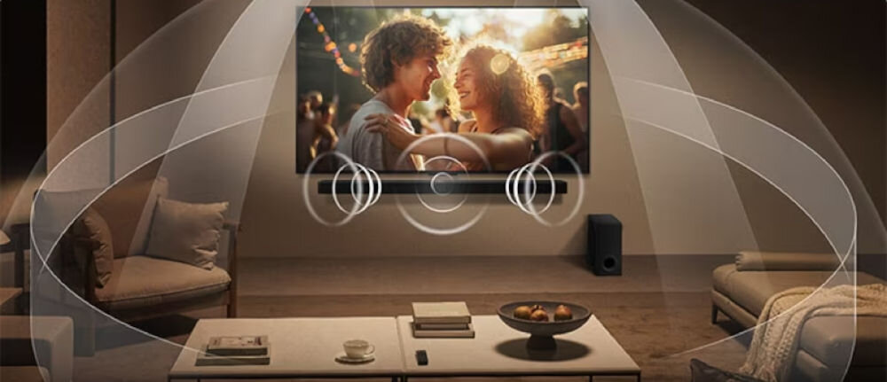 Telewizor LG 65QNED70A6A Dolby Atmos dźwięk przestrzenny, telewizor z soudbaerem zawieszone na ścianie z których wydobywa się dźwięk