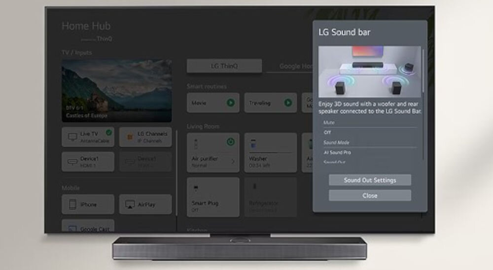 Telewizor LG 43QNED80A6A WOW Interface łatwe sterowanie dźwiękiem, telewizor z soundbarem od frontu na szarym tle