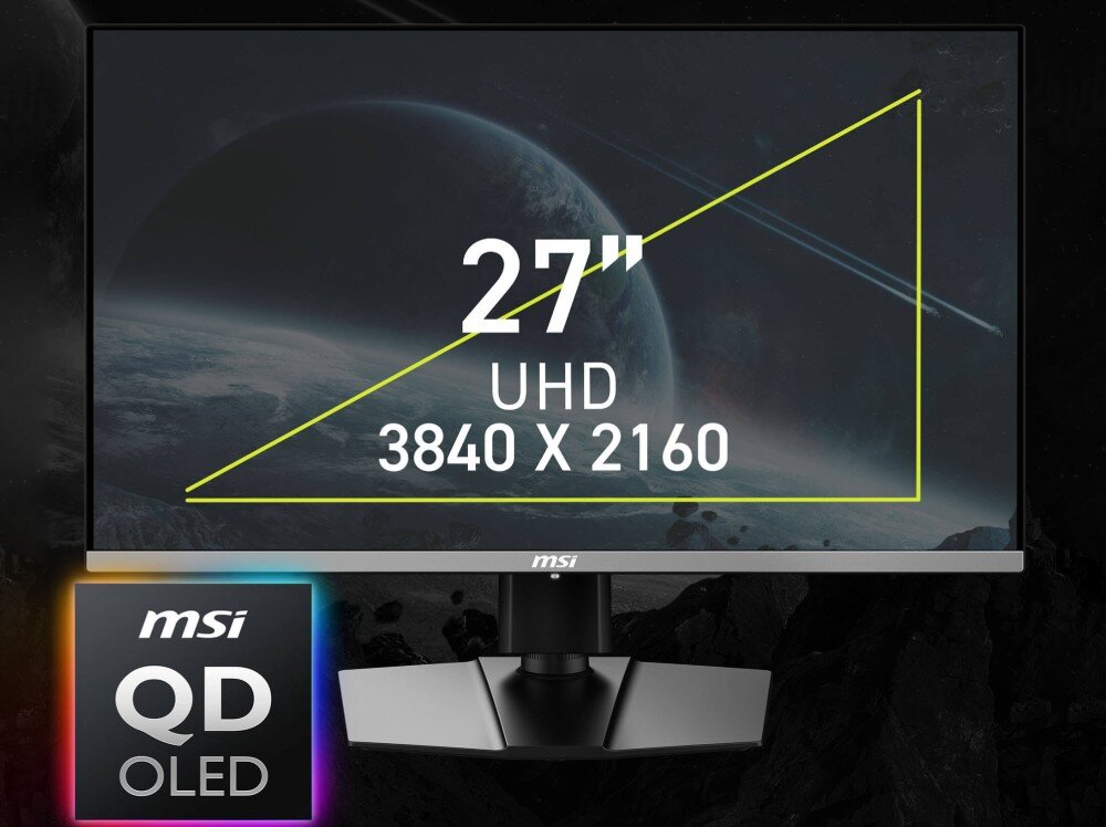 Monitor MSI MAG 272UP QD-OLED X24 Monitor wyświetlający grafikę planety z nałożonymi białymi napisami informującymi o przekątnej 27 cali, rozdzielczości UHD 3840 x 2160 oraz logo technologii QD-OLED w rogu, technologia, układ subpikseli, kąty widzenia, powłoka