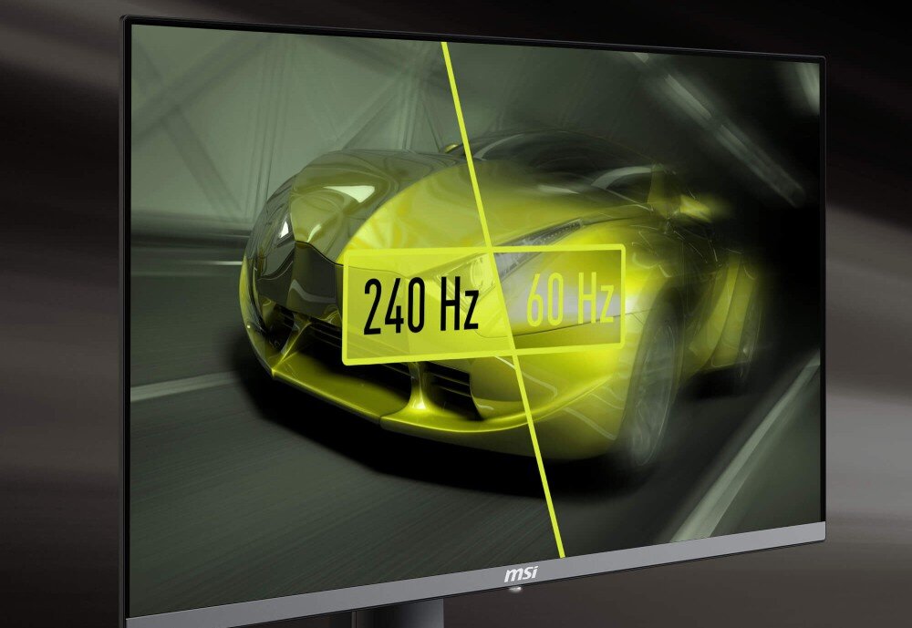 Monitor MSI MAG 272UP QD-OLED X24 Porównanie ostrości obrazu na przykładzie żółtego samochodu sportowego w ruchu, gdzie lewa strona opisana jako 240 Hz jest wyraźna, a prawa oznaczona jako 60 Hz jest rozmyta, odświeżanie, czas reakcji matrycy, synchronizacja