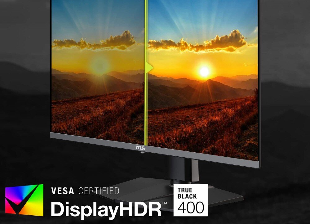 Monitor MSI MAG 272UP QD-OLED X24 Podzielony ekran pokazujący różnicę w jakości obrazu krajobrazu przy zachodzie słońca, gdzie lewa strona jest jasna i kontrastowa, a prawa ciemniejsza, z logo certyfikatu DisplayHDR True Black 400, głębia kolorów, jasność, certyfikat, kontrast