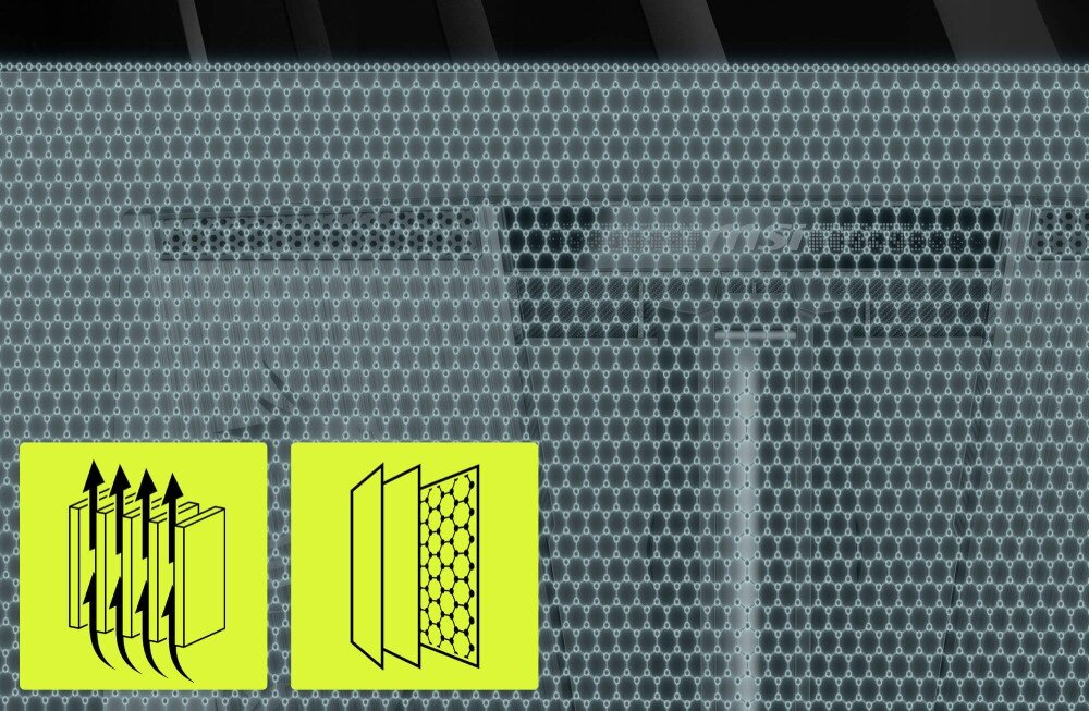 Monitor MSI MAG 272UP QD-OLED X24 Grafika przedstawiająca warstwową budowę chłodzenia monitora z widoczną strukturą plastra miodu symbolizującą folię grafenową oraz żółtymi ikonami ilustrującymi odprowadzanie ciepła, chłodzenie, folia grafenowa, radiator