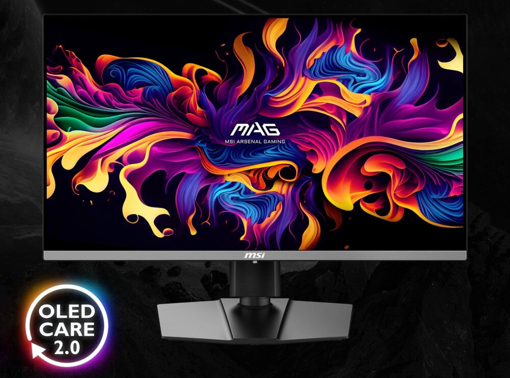 Monitor MSI MAG 272UP QD-OLED X24 Front monitora wyświetlający nasyconą kolorami abstrakcyjną grafikę z widocznym w lewym dolnym rogu okrągłym logo funkcji OLED Care 2.0, ochrona matrycy, wypalenie, funkcje