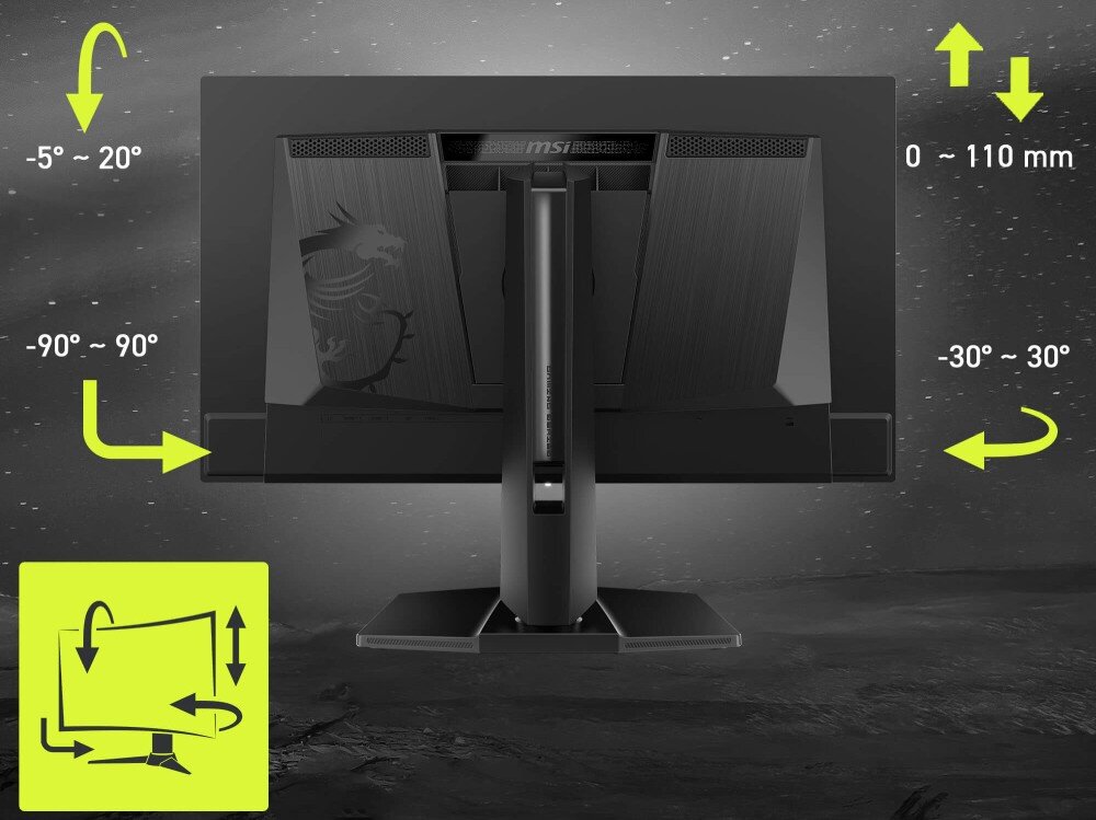 Monitor MSI MAG 272UP QD-OLED X24 Tył monitora z widocznymi strzałkami i opisami wskazującymi na możliwość regulacji wysokości, pochylenia, obrotu na boki oraz funkcji pivot, konstrukcja, podstawa, regulacja