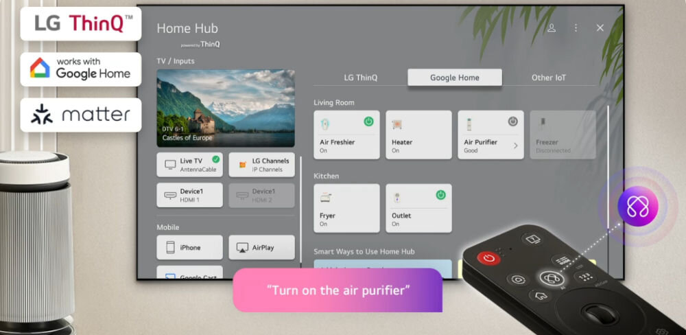 Telewizor LG 55QNED70A6A Home Hub inteligentny dom, pilot skierowany w strone telewizora