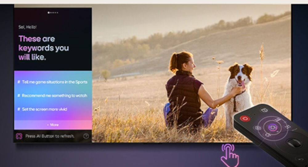 Telewizor LG 55QNED70A6A AI Concierge rekomendacje użytkownika, kobieta siedząca na łące z psem