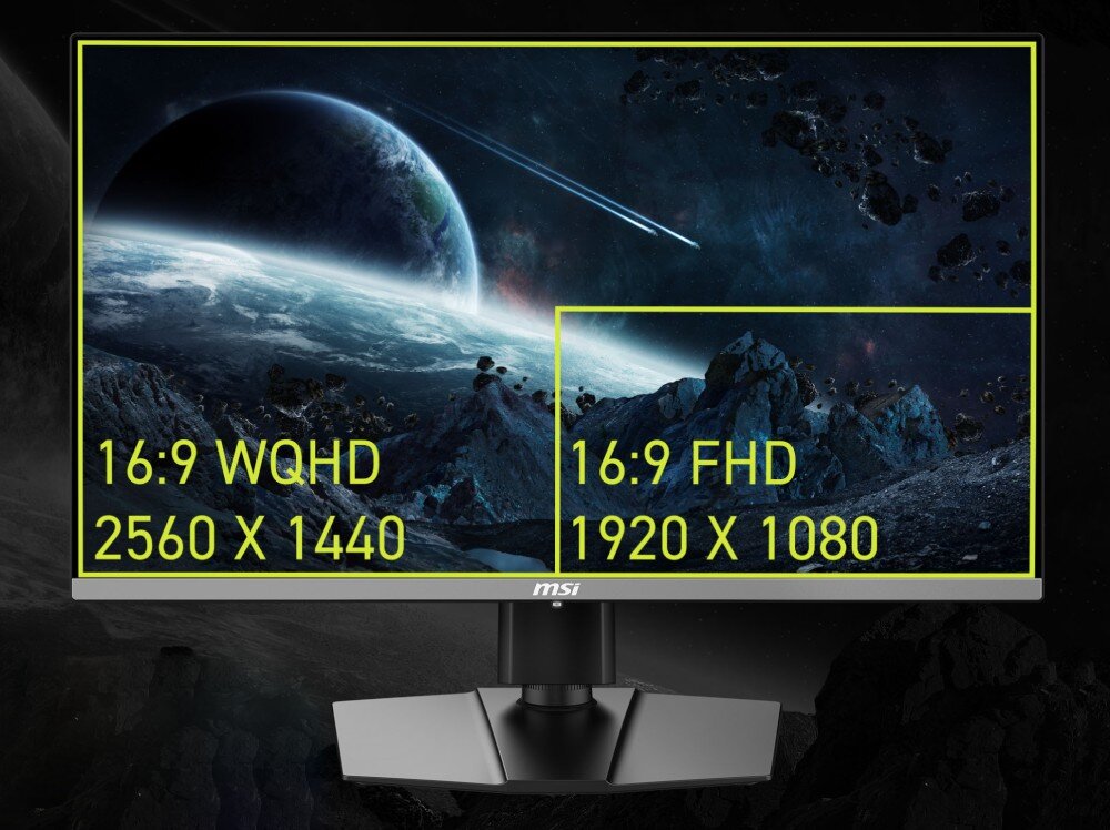 Monitor MSI MAG 272QP Ekran z widokiem kosmosu, pokazujący porównanie rozdzielczości 16:9 WQHD 2560x1440 i 16:9 FHD 1920x1080 w żółtej ramce