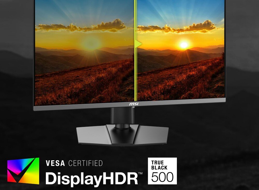 Monitor MSI MAG 272QP Ekran z krajobrazem o zachodzie słońca podzielony pionową linią, z logo 'VESA Certified DisplayHDR True Black 500' na dole