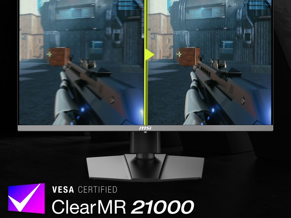 Monitor MSI MAG 272QP Ekran z grą FPS, widok z bronią skierowaną na cel, podzielony pionową linią, z logo 'VESA Certified ClearMR 21000'