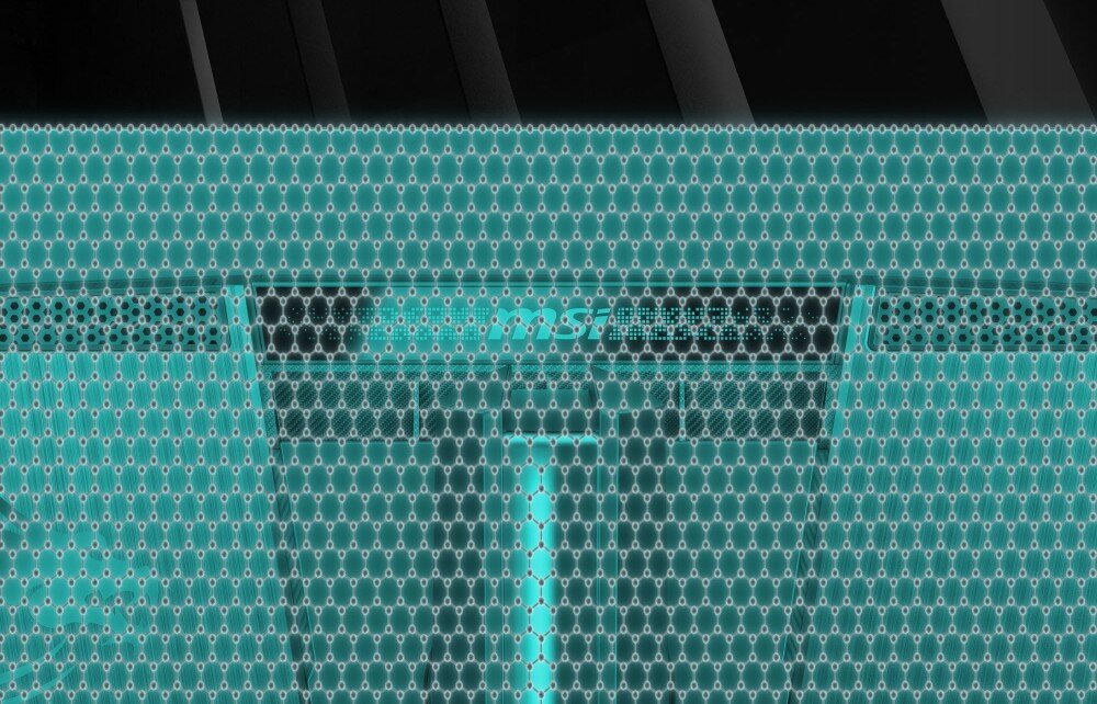 Monitor MSI MAG 272QP Zbliżenie tylnej części monitora z siatką molekularną w kolorze turkusowym symbolizującą przewodnictwo grafenu