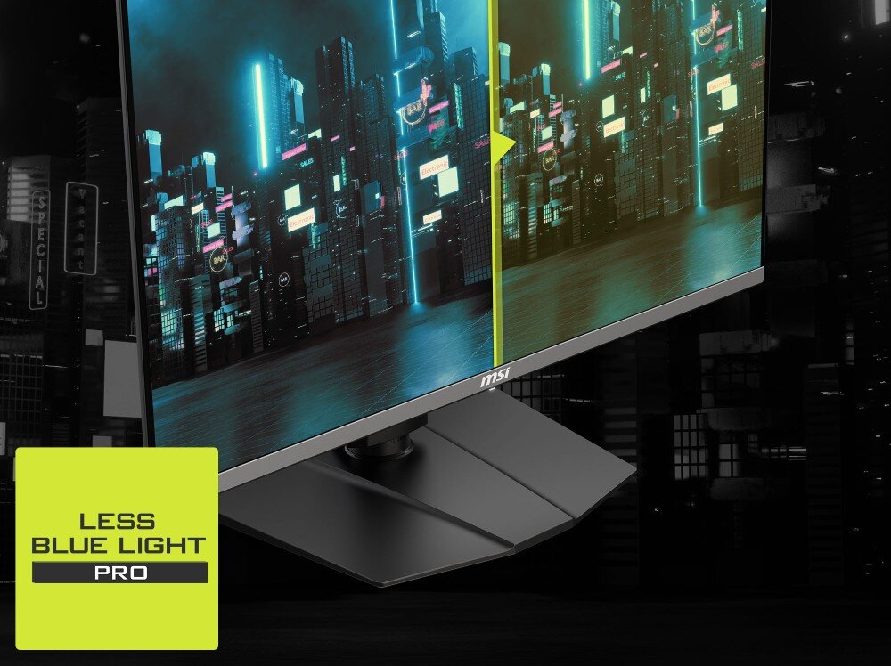 Monitor MSI MAG 272QP Monitor wyświetlający futurystyczne miasto, z żółtym oznaczeniem 'Less Blue Light Pro' w lewym dolnym rogu
