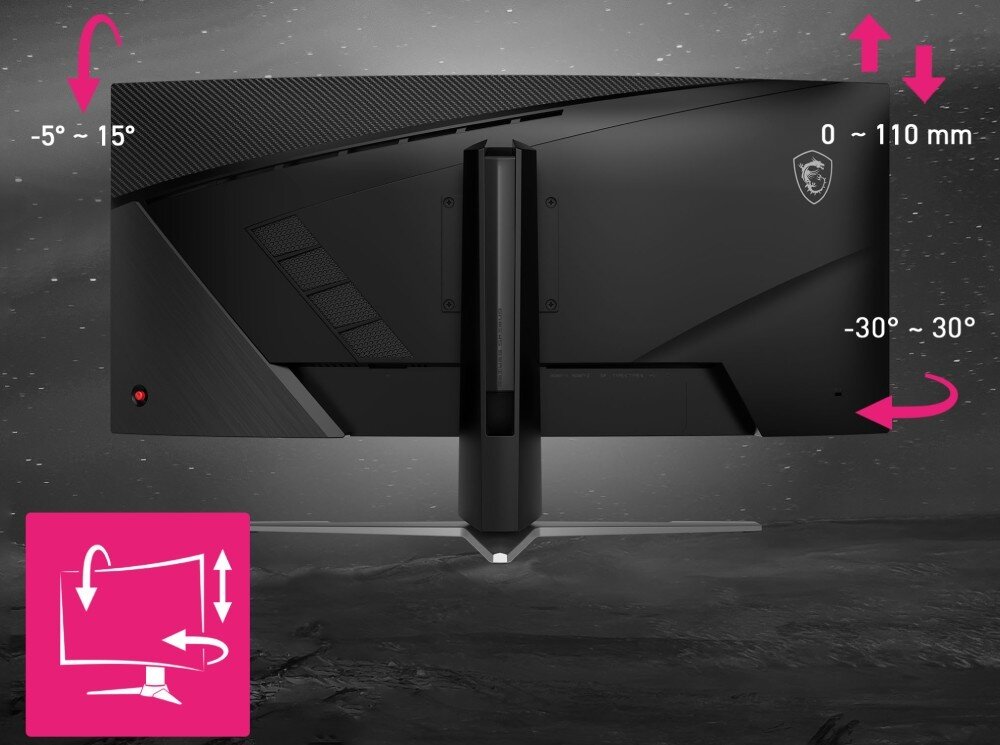 Monitor MSI MPG 346CQRF X24 Tył monitora ze schematycznie zaznaczonymi możliwościami regulacji wysokości pochylenia i obrotu wraz z wartościami liczbowymi, regulacja, ergonomia, podstawa