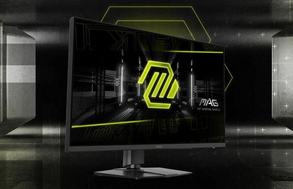 Monitor MSI MAG 322URDF E16 Monitor gamingowy widziany z perspektywy bocznej z wyświetlonym na ekranie neonowym logo na czarnym tle