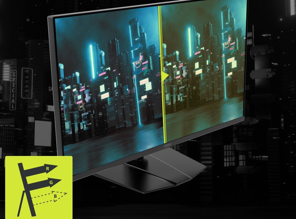 Monitor MSI MAG 322URDF E16 Scena z gry w mieście na podzielonym ekranie z widoczną w rogu żółtą ikoną schematu ze strzałkami R, G i B