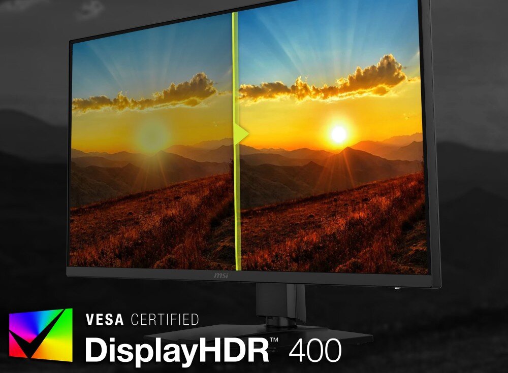 Monitor MSI MAG 322URDF E16 Porównanie nasycenia barw i kontrastu na przykładzie krajobrazu z logo certyfikatu 'DisplayHDR 400'