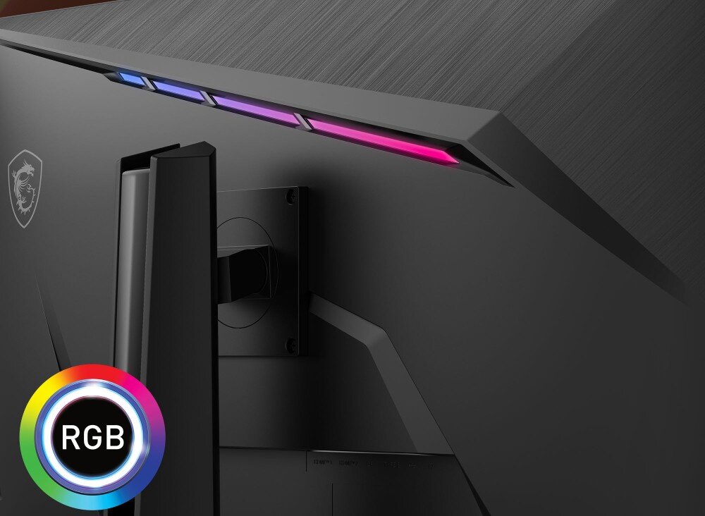 Monitor MSI MAG 322URDF E16 Tył obudowy monitora z widocznym ukośnym paskiem podświetlenia LED RGB i ikoną koła barw