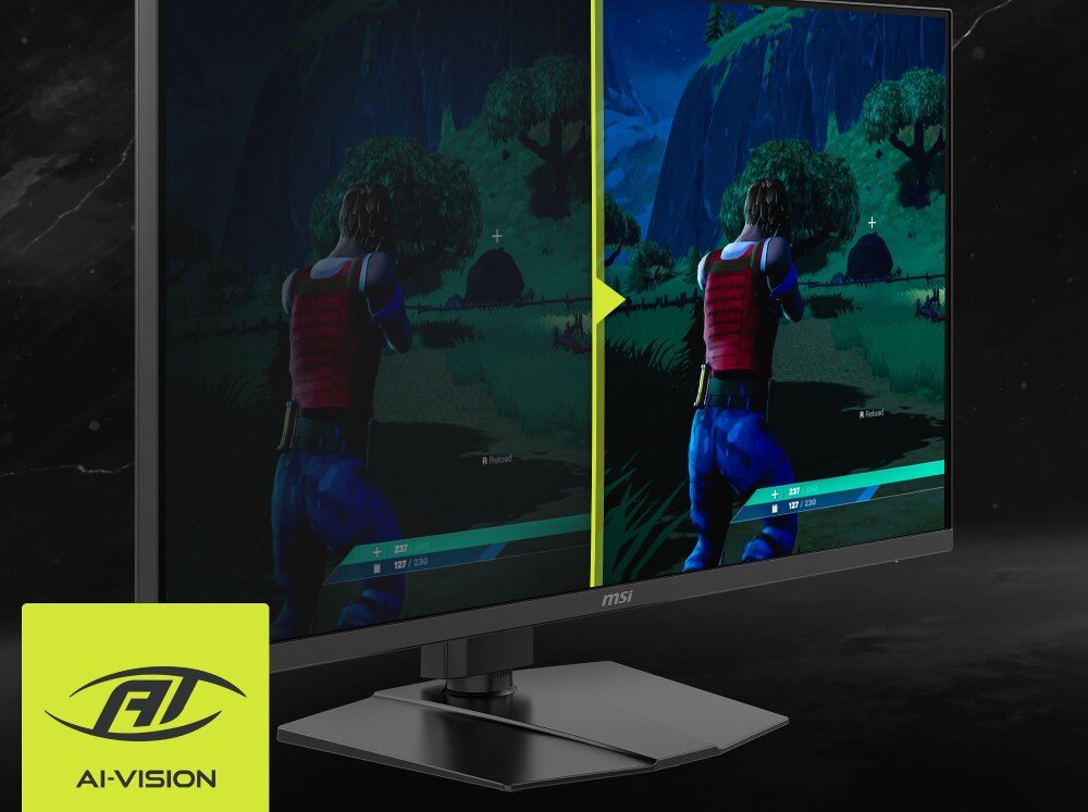 Monitor MSI MAG 322URDF E16 Podzielony ekran prezentujący ciemną scenę z gry po lewej i rozjaśnioną po prawej z logo technologii 'AI-VISION'
