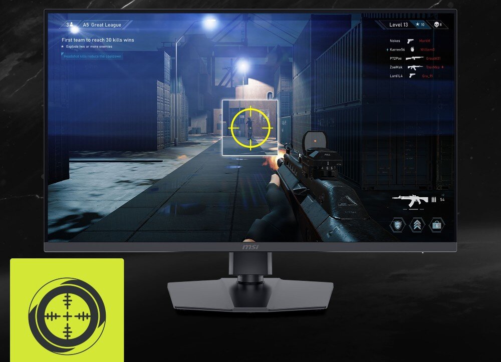 Monitor MSI MAG 322URDF E16 Monitor z grą typu FPS wyświetlający na środku ekranu systemowy celownik wspomagający celowanie w jasnej ramce