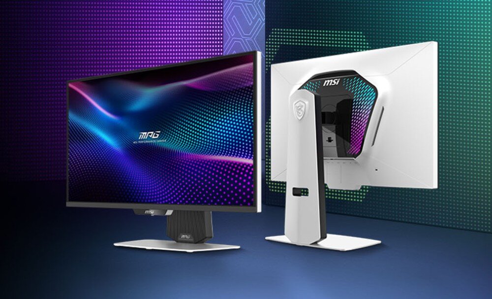Monitor MSI MPG 274URDFW E16M Zestawienie dwóch monitorów, z których jeden prezentuje przód z abstrakcyjną grafiką, a drugi tył białej obudowy z elementami RGB, opis