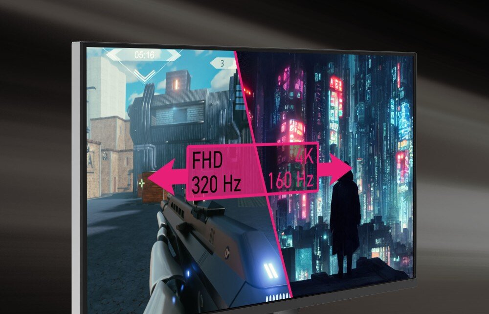 Monitor MSI MPG 274URDFW E16M Monitor wyświetlający porównanie dwóch trybów pracy, po lewej gra FPS w trybie 'FHD 320 Hz', po prawej cyberpunkowe miasto w '4K 160 Hz', funkcja Dual Mode, tryby, odświeżanie, czas reakcji