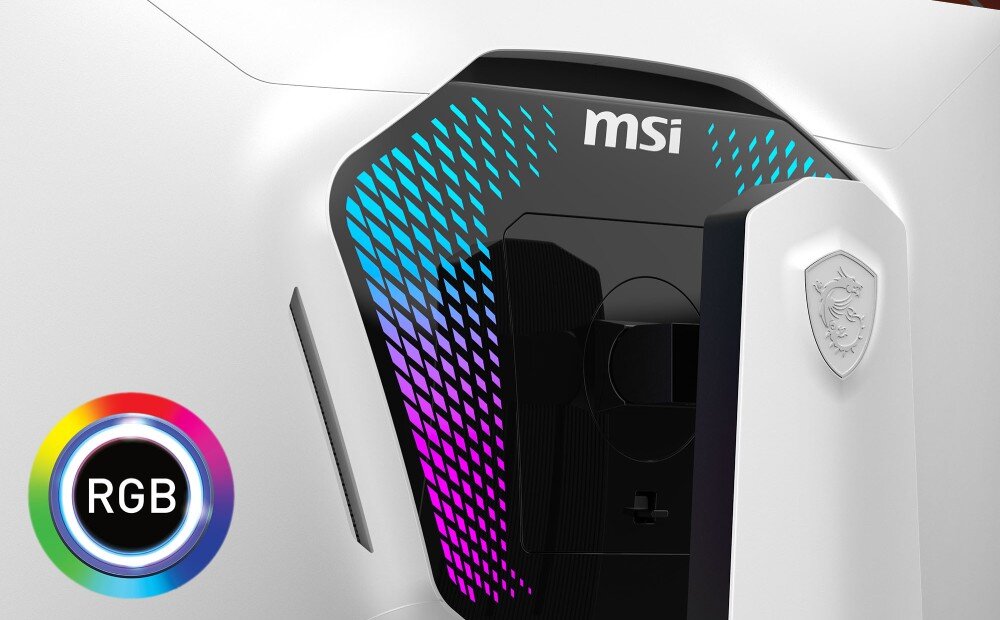 Monitor MSI MPG 274URDFW E16M Zbliżenie na tył białego monitora ukazujące podświetlany element ozdobny z geometrycznym wzorem w kolorach niebieskim i fioletowym, podświetlenie, diody LED