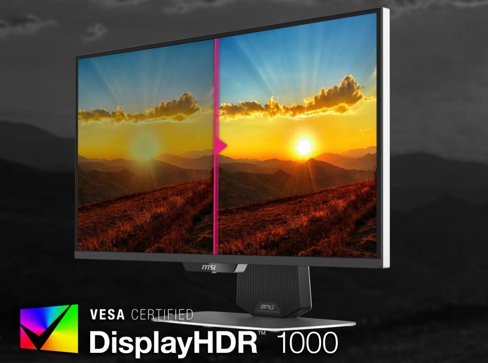 Monitor MSI MPG 274URDFW E16M Ekran podzielony pionowo prezentujący różnicę między standardowym obrazem a trybem 'VESA Certified DisplayHDR 1000' na przykładzie krajobrazu o zachodzie słońca, kontrast, certyfikat DisplayHDR, głębia kolorów, ochrona wzroku