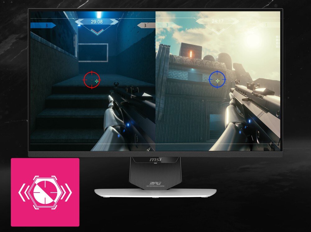 Monitor MSI MPG 274URDFW E16M Scena z gry pokazująca inteligentny celownik, który jest czerwony na ciemnym tle po lewej i niebieski na jasnym tle po prawej stronie, celownik, funkcje dla graczy