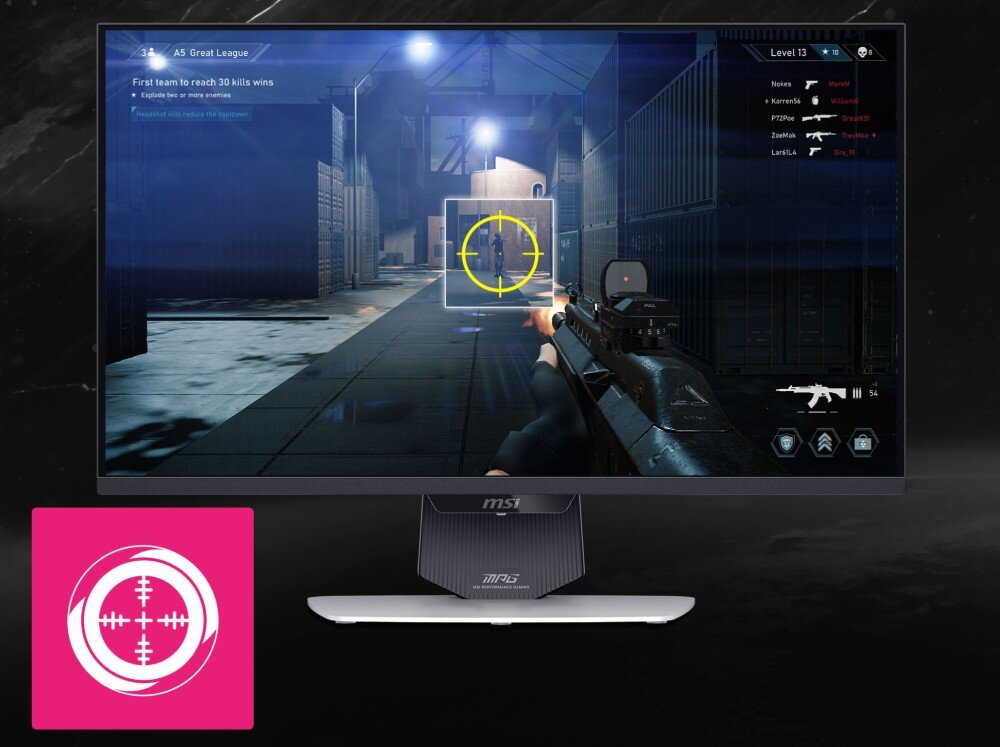 Monitor MSI MPG 274URDFW E16M Widok z gry strzelanki prezentujący funkcję lupy celowniczej powiększającej centralny fragment obrazu z wrogiem, lupa celownicza