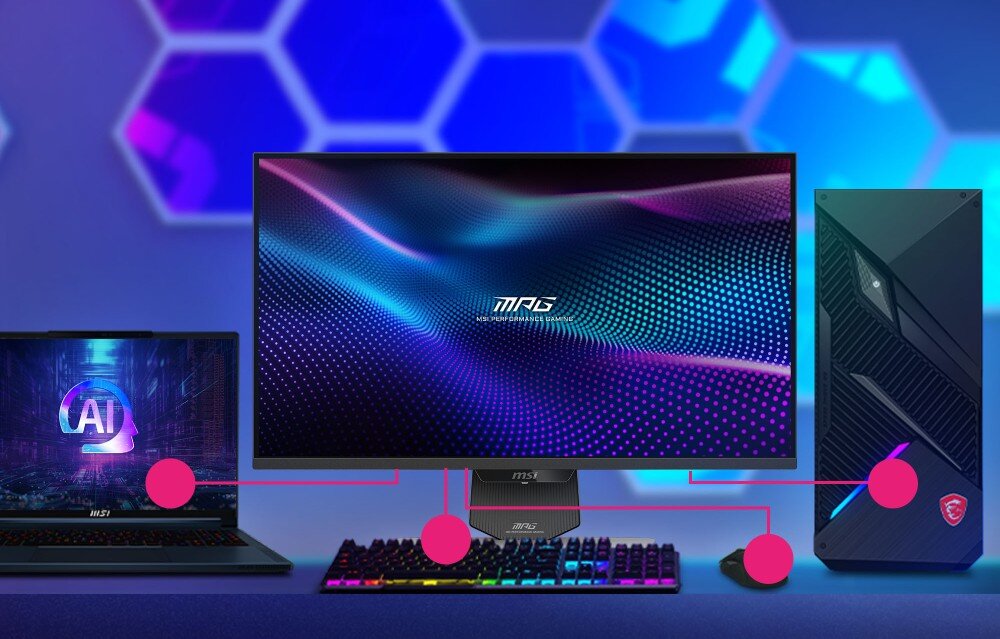 Monitor MSI MPG 274URDFW E16M Grafika ilustrująca funkcję KVM z laptopem i komputerem PC podłączonymi do jednego monitora oraz wspólnym zestawem peryferyjnym, moduł KVM, przełączanie, obsługa