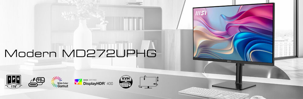 Monitor MSI MODERN MD272UPHG 27 cali 3840x2160px IPS 4 ms [GtG] prezentacja monitora od na biurku napis z modelem loga funkcji