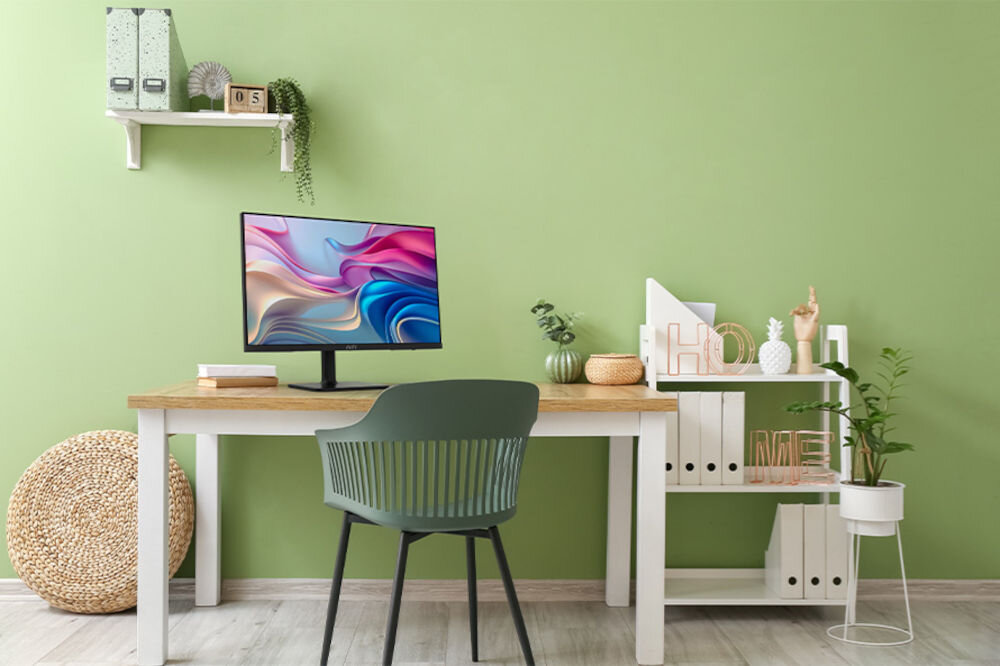 Monitor MSI MODERN MD272UPHG 27 cali 3840x2160px IPS 4 ms [GtG] prezentacja monitora w pokoju na jasnym biurku zielone ściany IPS UHD technologie wspomagające ochronę wzroku regulacja ekranu wygoda estetyka