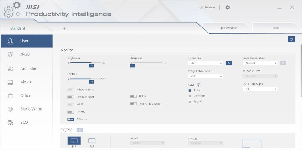 Monitor MSI MODERN MD272UPHG 27 cali 3840x2160px IPS 4 ms [GtG] prezentacja aplikacji MSI Productivity Intelligence organizacja zadań dostosowanie środowiska pracy do aktualnych potrzeb
