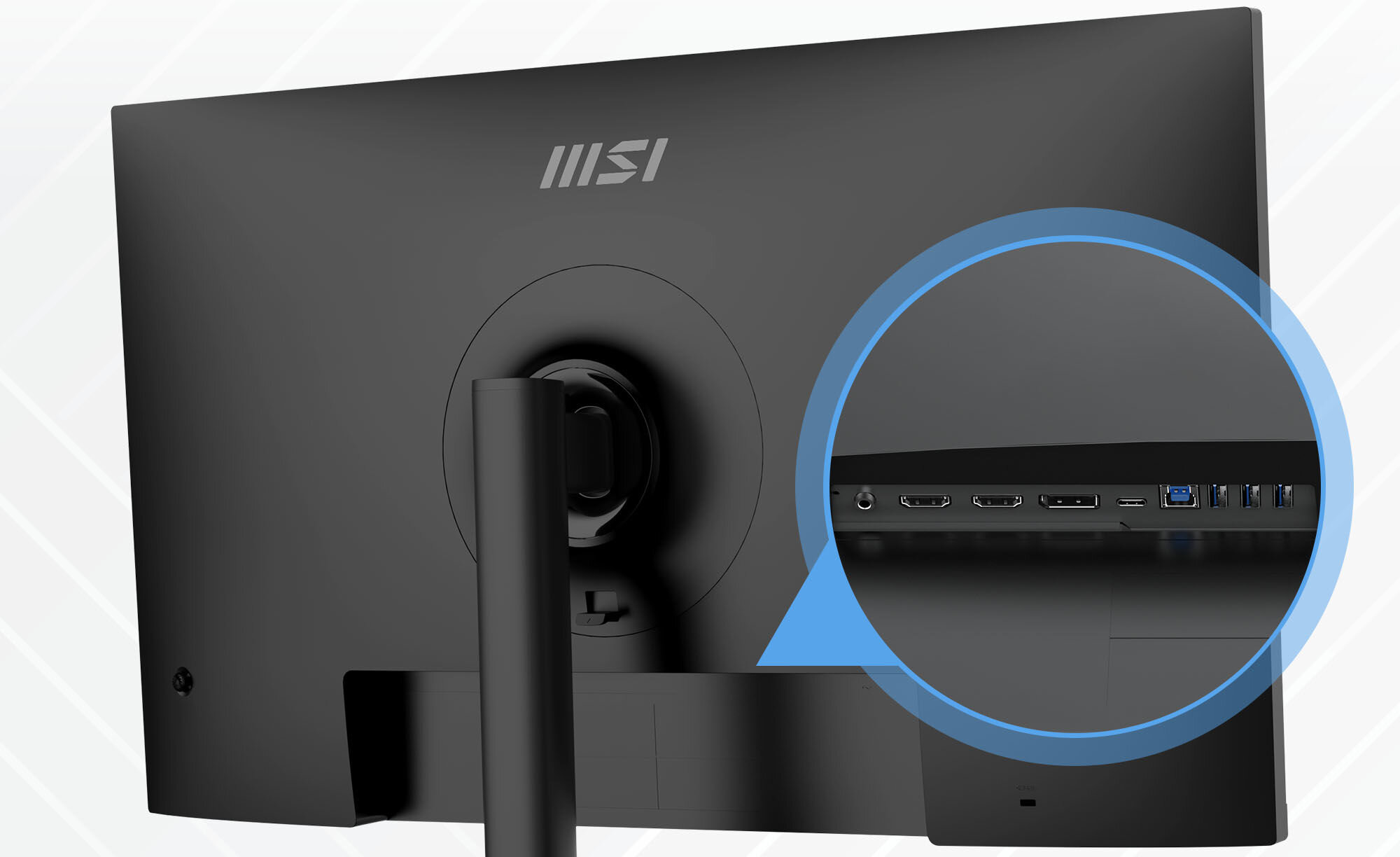 Monitor MSI MODERN MD272UPHG 27 cali 3840x2160px IPS 4 ms [GtG] prezentacja tyłu monitora zbliżenie na złącza jasne tło wygoda elastyczność