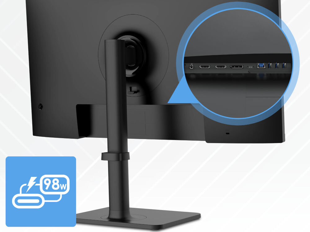 Monitor MSI MODERN MD272UPHG 27 cali 3840x2160px IPS 4 ms [GtG] prezentacja tyłu monitora zbliżenie na złącza jasne tło USB-C z DisplayPort i Power Delivery moc do 98 W szybkie ładowanie bez potrzeby dodatkowych łądowarek komfort efektywność