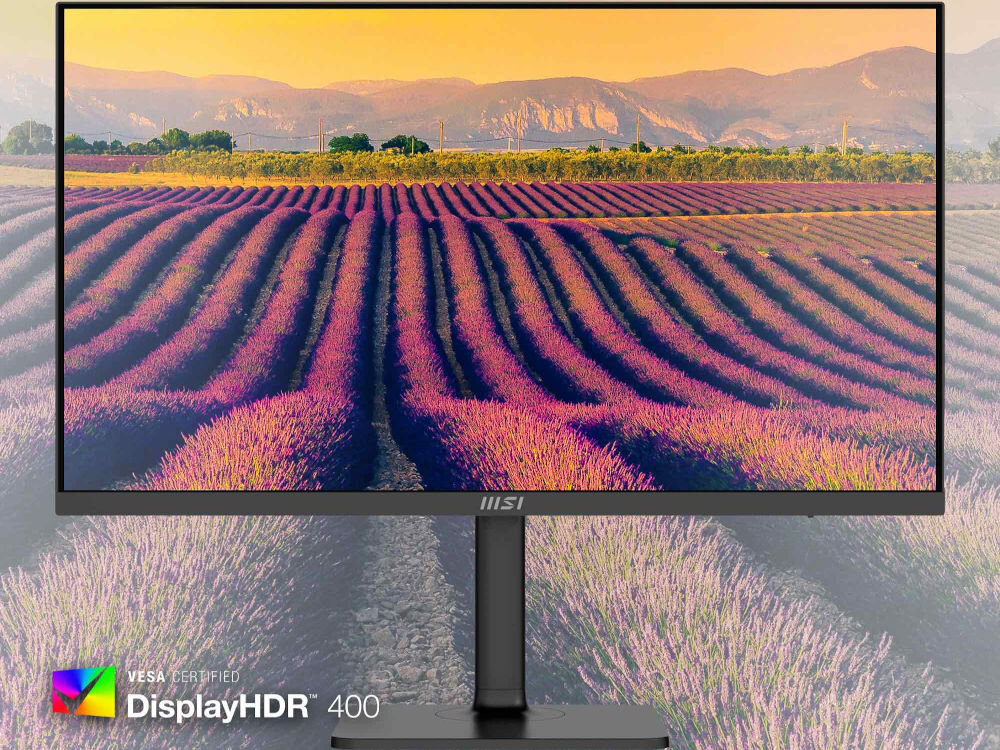 Monitor MSI MODERN MD272UPHG 27 cali 3840x2160px IPS 4 ms [GtG] prezentacja działania VESA DisplayHDR 400 monitor na tle krajobrazu realistyczny dynamiczny kontrast głębia kolorów przestrzenie barw zakres współczynnik kontrastu wyraźne obrazy komfort