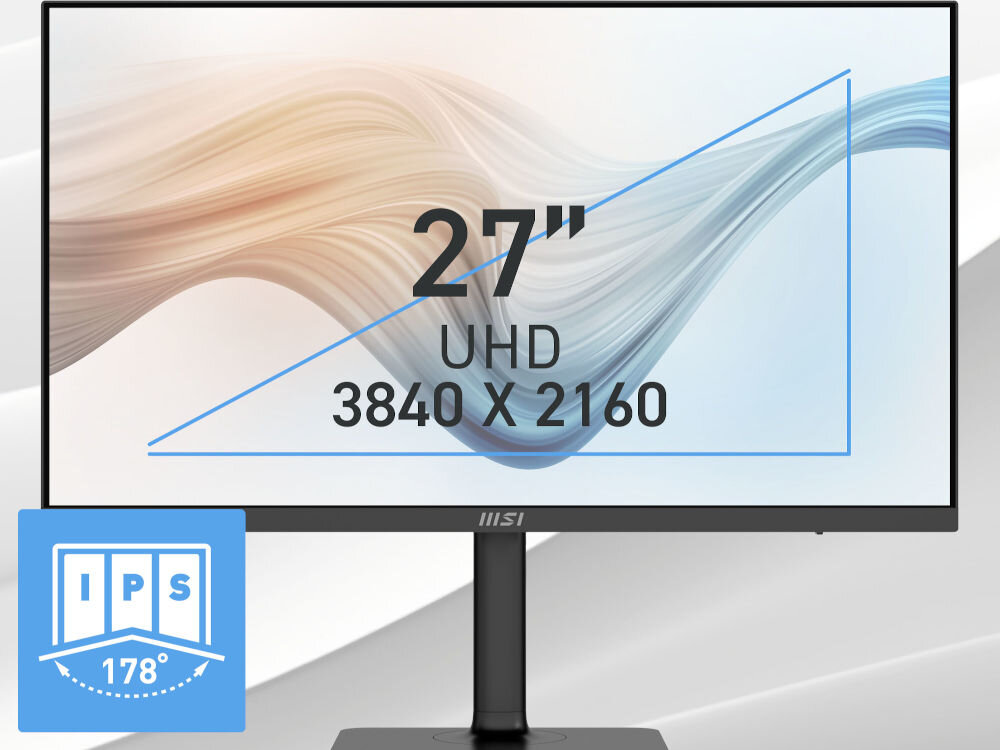 Monitor MSI MODERN MD272UPHG 27 cali 3840x2160px IPS 4 ms [GtG] prezentacja monitora na szarym tle od przodu rozmiar rozdzielczość UHD IPS wygodna praca szerokie kąty widzenia 178° stała jakość obrazu odwzorowanie kolorów komfort podczas pracy