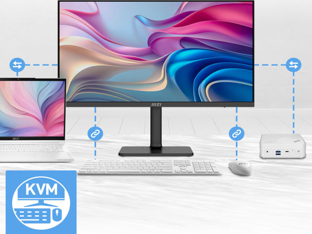 Monitor MSI MODERN MD272UPHG 27 cali 3840x2160px IPS 4 ms [GtG] prezentacja monitora oraz akcesoriów funkcja przełącznika KVM na jasnym tle sterowanie kilkoma urządzeniami uporządkowana przestrzeń wsparcie organizacji