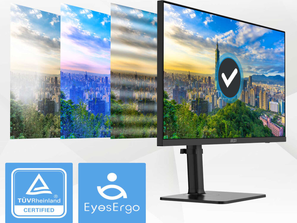 Monitor MSI MODERN MD272UPHG 27 cali 3840x2160px IPS 4 ms [GtG]  porównanie monitora z technologiami chroniącymi wzrok i bez nich na jasnym tle ograniczenie zmęczenia oczu Less Blue Light redukcja światła niebieskiego Anti-flicker redukcja migotania powłoka antyodblaskowa ograniczenie emisji światła niebieskiego certyfikaty TÜV Rheinland