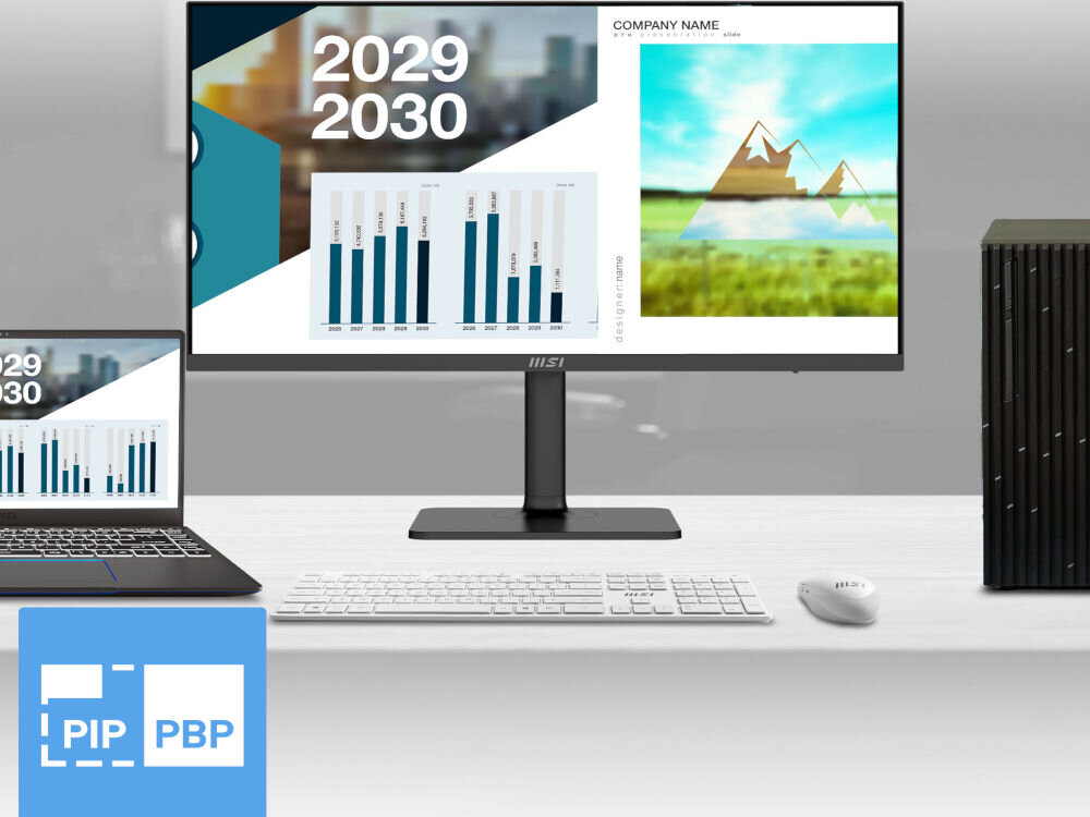 Monitor MSI MODERN MD272UPHG 27 cali 3840x2160px IPS 4 ms [GtG] prezentacja PIP i PBP monitor i obok laptop na biurku dwa źródła sygnału jednocześnie obsługa wielu urządzeń kontrola wielozadaniowość