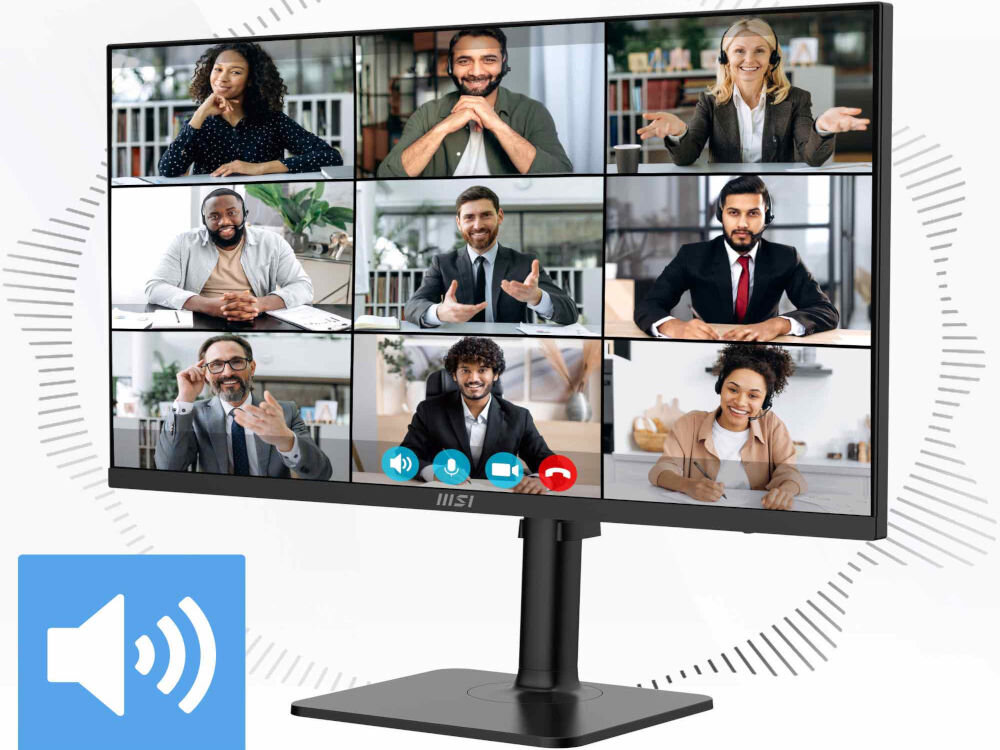 Monitor MSI MODERN MD272UPHG 27 cali 3840x2160px IPS 4 ms [GtG] wizualizacja działania głośników podczas wideokonferencji dwa głośniki 3W bez potrzeby podłączania dodatkowego sprzętu audio