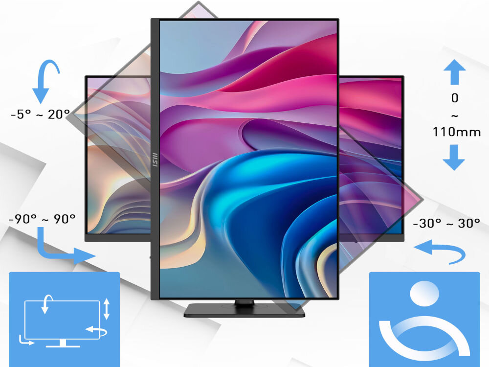 Monitor MSI MODERN MD272UPHG 27 cali 3840x2160px IPS 4 ms [GtG] prezentacja możliwej regulacji monitora na jasnym tle cztery płaszczyzny komfort pracy gniazdo Kensington Lock ochrona