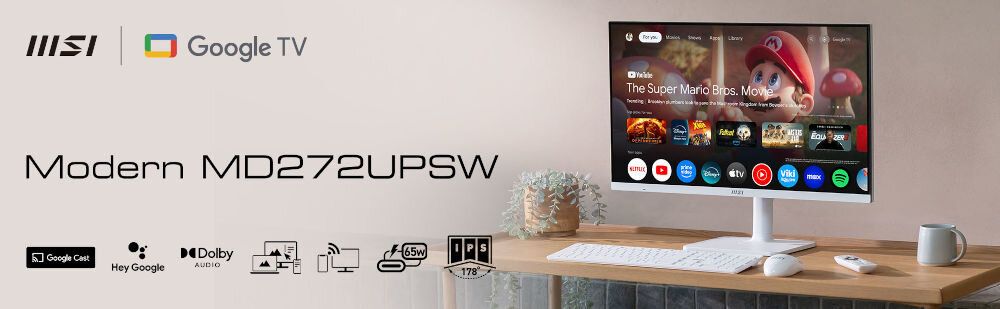 Monitor MSI Modern MD272UPSW 27 cali 3840x2160px IPS 4 ms [GTG] prezentacja monitora pod kątem na biurku napis z modelem loga funkcji