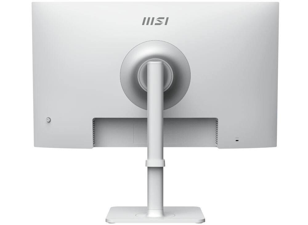 Monitor MSI Modern MD272UPSW 27 cali 3840x2160px IPS 4 ms [GTG] prezentacja monitora od tyłu na białym tle VESA 75 mm łatwe stabilne przymocowanie oszczędność miejsca uchwyt biurkowy VESA zwiększa powierzchnię roboczą dopasowanie ustawienia ekranu organizacja pracy