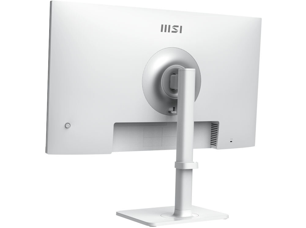 Monitor MSI Modern MD272UPSW 27 cali 3840x2160px IPS 4 ms [GTG] prezentacja monitora od tyłu pod kątem białe tło dwa głośniki 3W bez potrzeby podłączania dodatkowego sprzętu audio