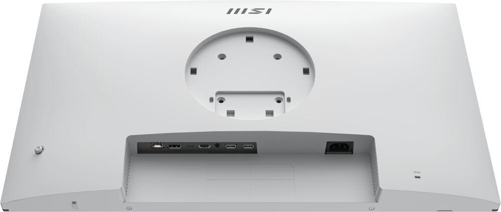 Monitor MSI Modern MD272UPSW 27 cali 3840x2160px IPS 4 ms [GTG] prezentacja tyłu monitora pod kątem białe tło USB-C z DisplayPort i Power Delivery moc do 65 W szybkie ładowanie bez potrzeby dodatkowych łądowarek komfort efektywność