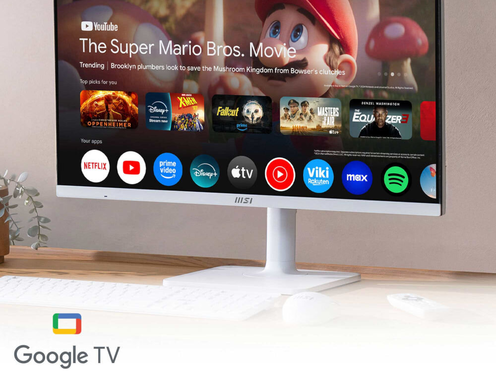 Monitor MSI Modern MD272UPSW 27 cali 3840x2160px IPS 4 ms [GTG] prezentacja monitora na stoliku napis Google TV ulubione materiały aplikacja na telefon sterowanie monitorem oszczędność czasu